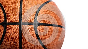 A close-up of a leather basketball on white