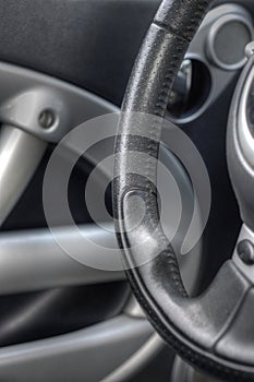 Close Up of Leather Car Steering Wheel