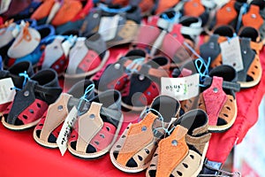 Close-up leather shoes for children, many colors, beautiful, vintage style.