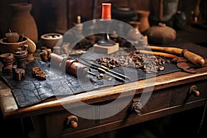 close-up of leather on workbench with shoemaking tools