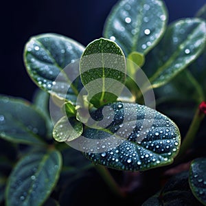 Close-up of leaves and stems of plant, with water droplets on them. These droplets are shining in sunlight, creating an