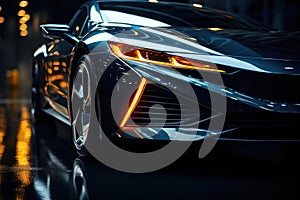 Close up of the LED headlights of futuristic modern car