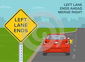 Close-up of a left lane ends ahead road sign. Mandatory movements in lanes.