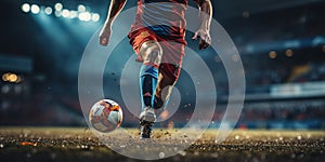 Close-up of a Leg in a Boot Kicking Football Ball. Professional Soccer Player Hits Ball