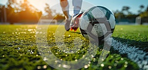 Close-up of a Leg in a Boot Kicking Football Ball. Professional Soccer Player Hits Ball