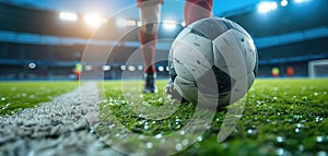 Close-up of a Leg in a Boot Kicking Football Ball. Professional Soccer Player Hits Ball