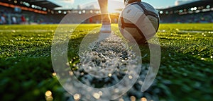 Close-up of a Leg in a Boot Kicking Football Ball. Professional Soccer Player Hits Ball