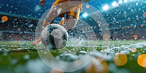 Close-up of a Leg in a Boot Kicking Football Ball. Professional Soccer Player Hits Ball