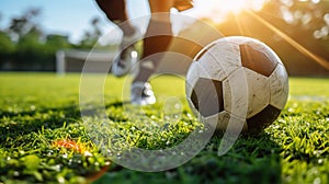 Close-up of a Leg in a Boot Kicking Football Ball. Professional Soccer Player Hits Ball