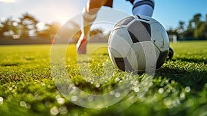 Close-up of a Leg in a Boot Kicking Football Ball. Professional Soccer Player Hits Ball