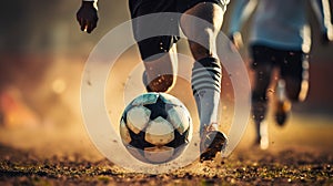 Close-up of a Leg in a Boot Kicking Football Ball. Professional Soccer Player Hits Ball