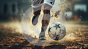 Close-up of a Leg in a Boot Kicking Football Ball. Professional Soccer Player Hits Ball