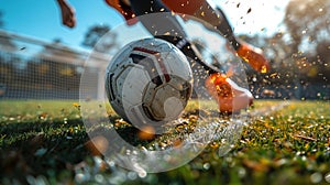 Close-up of a Leg in a Boot Kicking Football Ball. Professional Soccer Player Hits Ball