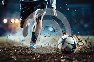 Close-up of a Leg in a Boot Kicking Football Ball. Professional Soccer Player Hits Ball