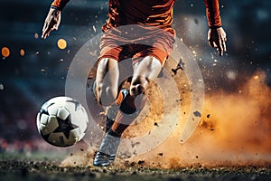 Close-up of a Leg in a Boot Kicking Football Ball. Professional Soccer Player Hits Ball