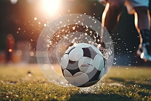 Close-up of a Leg in a Boot Kicking Football Ball. Professional Soccer Player Hits Ball