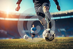 Close-up of a Leg in a Boot Kicking Football Ball. Professional Soccer Player Hits Ball