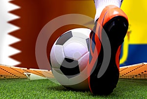 Close up legs and feet of soccer player or football player walk on green grass ready to play match on national Qatar and national