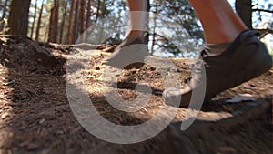 close up of legs teen boy walks through the forest in summer, goes uphill, the glare of the sun, rack focus