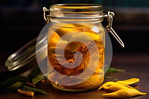 close-up of lemon peels infusing in glass jar