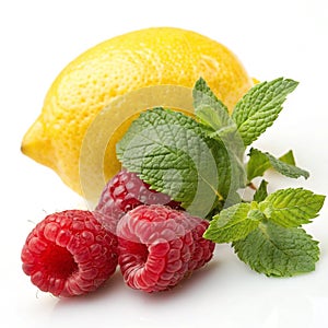 Close-up of lemon, raspberry, and mint leaf isolated on white background