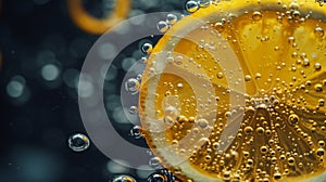 Close-up of a lemon slice with bubbles