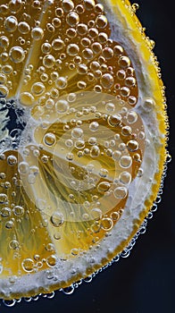 Close-up of lemon slice with bubbles in water