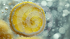 A close up of a lemon slice in water with bubbles, AI