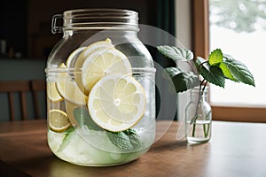 Close-up of a lemonade jar with fresh mint