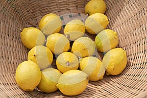 Close up of lemons setting in basket in natural light scene / food material / food background / raw material / food photography