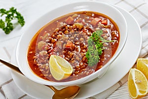 Close-up of lentil soup in a bowl