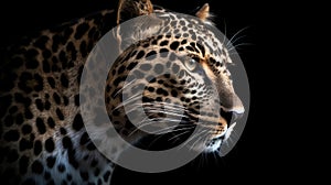 Close up of leopard on dark background. Generative AI