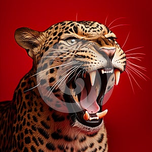 Close-up leopard portrait, studio shoot concept on red background