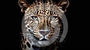 Close up of leopard's face showing its beautiful spots and striking blue eyes. Generative AI