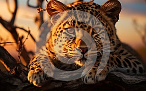A close up of a leopard on a tree branch. AI