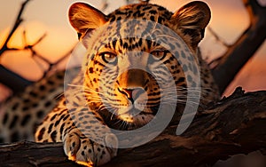 A close up of a leopard on a tree branch. AI