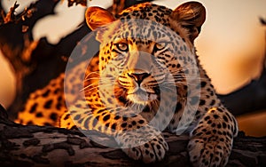 A close up of a leopard on a tree branch. AI