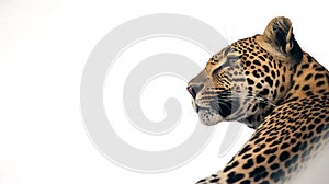 close up leopard on white background with space for text. Copy space