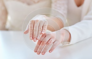 Close up of lesbian couple hands and wedding rings