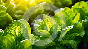 Close up of lettuce grown in greenhouse with drip irrigation hose system