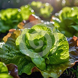 Close up of lettuce grown in greenhouse with drip irrigation hose system