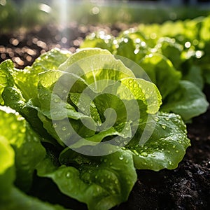 Close up of lettuce grown in greenhouse with drip irrigation hose system