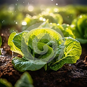 Close up of lettuce grown in greenhouse with drip irrigation hose system