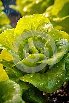 Close up of lettuce grown in greenhouse with drip irrigation hose system