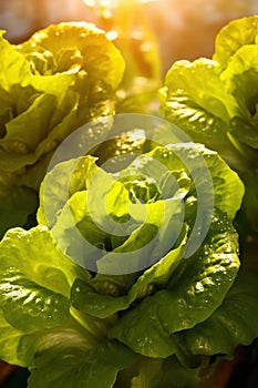 Close up of lettuce grown in greenhouse with drip irrigation hose system