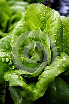 Close up of lettuce grown in greenhouse with drip irrigation hose system