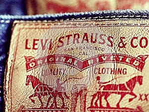 Close up of levi strauss lebel on black jeans.levi strauss and co.