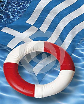 Close up of life belt with greek flag floating on water