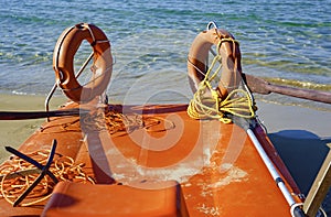 Close up lifeboat on the beach.