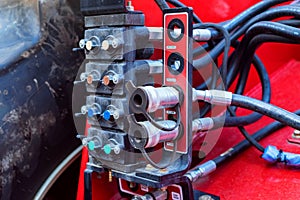 Close up lift hitch. Hydraulic equipment of a modern tractor